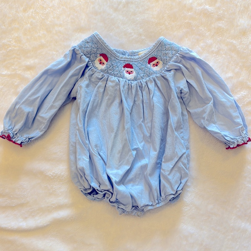 Light Blue Baby Smocked Romper with Santa Design